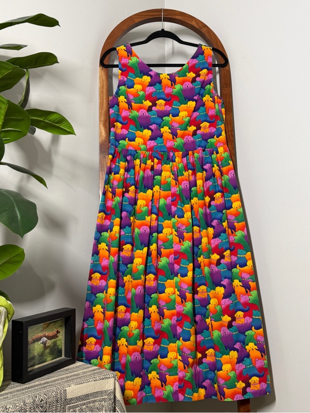 Handmade MEDIUM LARGE Multicolor Dog Fit and Flare Midi Dress - Picture 3 of 6